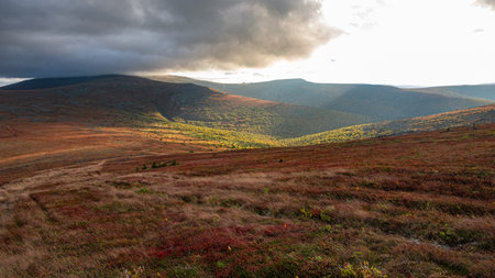 Sunlight illuminating colorful autumn valley in the Owl Mountainsの写真素材