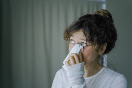 Sad woman wiping tears with tissue at homeの写真素材