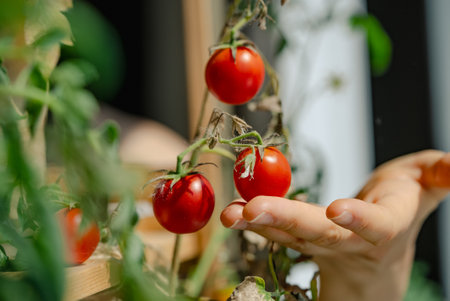 Farmer holding cherry tomato from urban gardenの写真素材
