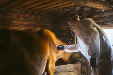 Veterinarian using stethoscope listening to cows heartbeat in barnの写真素材
