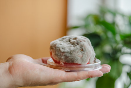 Scientist holding moldy tomato for food science experimentの写真素材