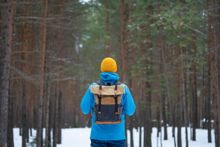 Hiker walking in snowy forest during light snowfall