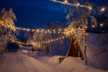 Wooden huts covered in snow illuminated by string lights in winter wonderlandの写真素材