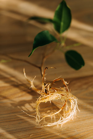 Small ficus plant showing its roots on wooden table