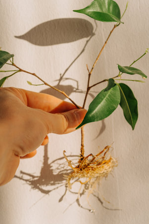 Gardener holding small ficus benjamina plant with exposed rootsの写真素材