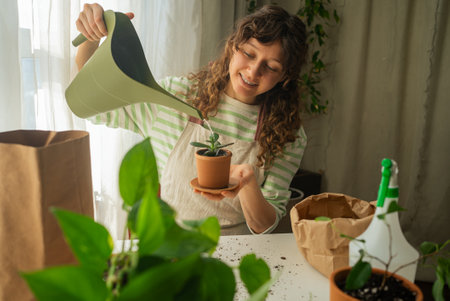 Woman is watering plants at home using watering canの写真素材