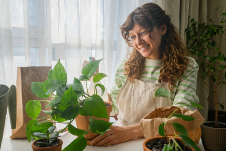 Woman gardening and taking care of houseplants at homeの写真素材