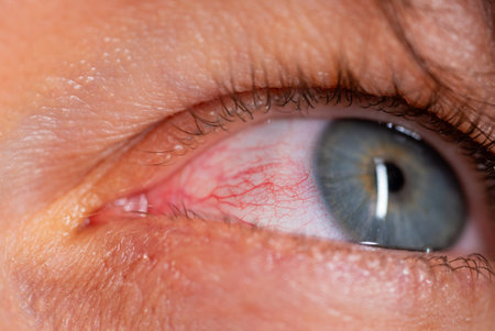 Inflamed conjunctiva revealing reddened blood vessels, signaling pink eye infection and ocular irritation causing visible discomfortの写真素材