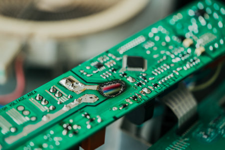 Damaged green circuit board revealing burn marks, charred components, and compromised soldering points signaling catastrophic electrical failureの写真素材