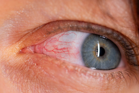 Bloodshot red eye revealing subconjunctival hemorrhage and conjunctival inflammation, signaling potential ocular infection or irritationの写真素材