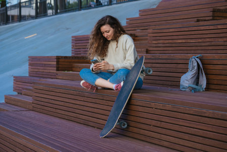 Young woman with curly hair relaxing on wooden steps, scrolling smartphone near skateboard and backpack, casual urban outdoor sceneの写真素材