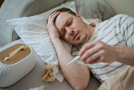 Male experiencing high fever resting in bed, measuring temperature with thermometer during seasonal...
