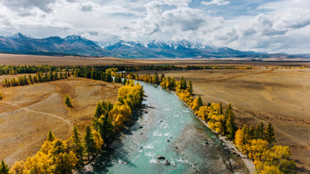 Chuya river flowing through autumn landscape in altai mountains, russiaの写真素材