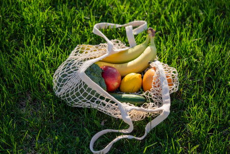 Mesh grocery bag filled with fresh produce resting on green lawn, sunlight highlighting colorful fruits and vegetables promoting eco-friendly, nutritious shopping approachの写真素材