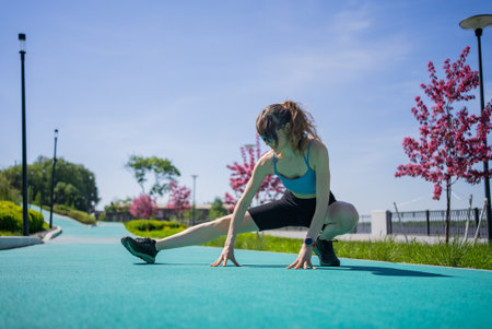 Female athlete stretching muscular legs before running, wearing fitness attire near urban park...
