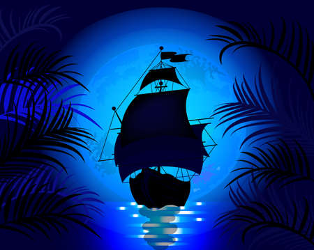 Amazing night landscape with sailing ship at sea on a background of blue moonのイラスト素材