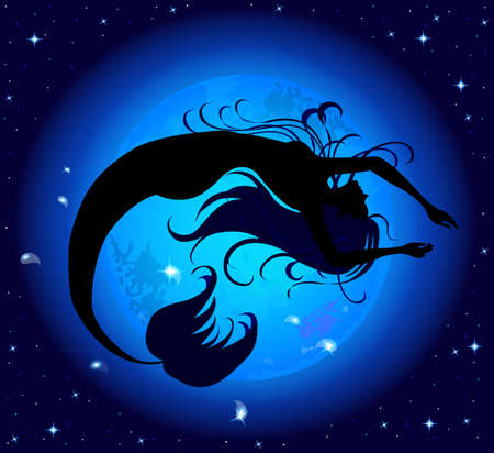 Silhouette jumped out of the water mermaid, on a background of blue mystic moonのイラスト素材