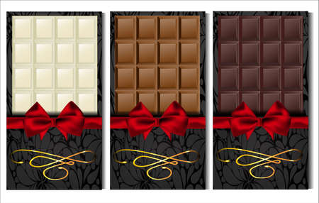 Set of three kinds of chocolate: dark, milk and white, in elegant envelopes with red satin bow.のイラスト素材