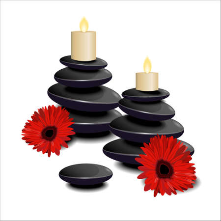 The composition of black stones, candles and red flowers on a white background. Spa.のイラスト素材