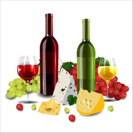 Red and white wine in bottles and glasses, different types of grapes and cheese on white background.のイラスト素材