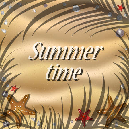 Sandy beach with shells, starfish and the shadow of palm trees. Vector background.のイラスト素材