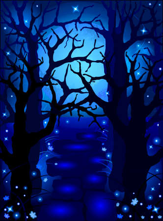 Mysterious magic forest in the moonlight and shining flowers and glareのイラスト素材