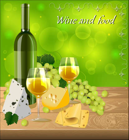 Bottle of white wine with glasses, a bunch of grapes, different kinds of cheese on a wooden table top on blurred green background.のイラスト素材
