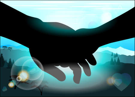 Silhouette holding hands against the backdrop of the picturesque landscape and the sun's rays.のイラスト素材