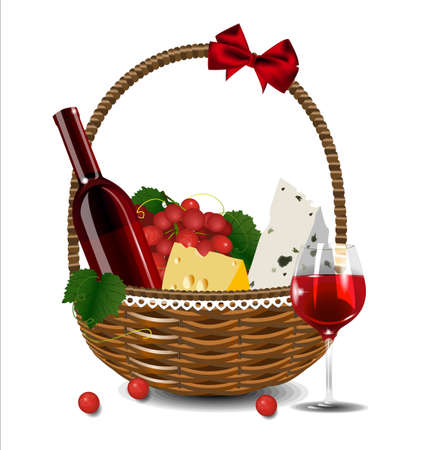 A bottle of wine, grapes and cheese in a wicker basket. Set for a picnic.のイラスト素材