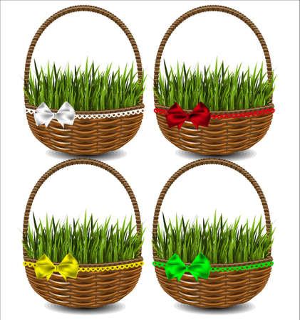 Green grass in a beautiful green basket with a bow. Set of four options.のイラスト素材