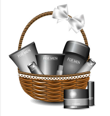 Set of different beauty products in a wicker basket. For men.のイラスト素材