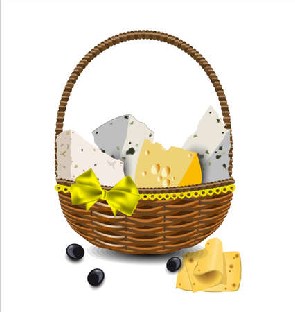 Set of different types of cheese in a wicker basket. Vector illustration.のイラスト素材