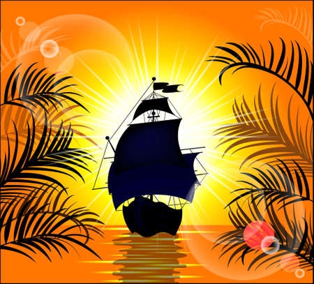 Beautiful ship in the background of wonderful sunsetのイラスト素材