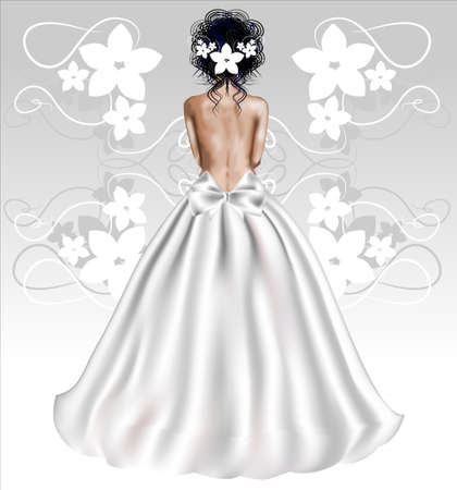 Elegant bride in a white dress with a neckline. Rear view. Vector illustration.のイラスト素材