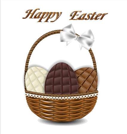 Three kinds of chocolate Easter eggs in a wicker basket with a bow.のイラスト素材