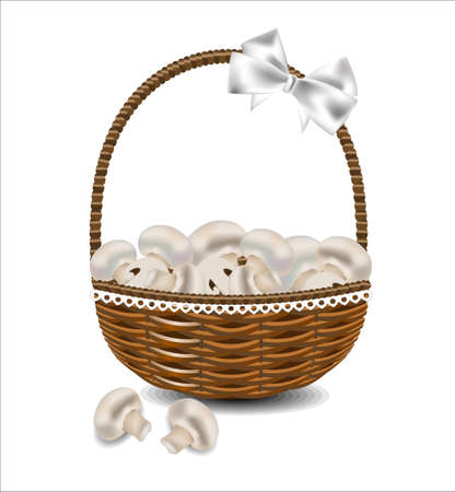 Fresh mushrooms in a wicker basket with a bow. Vector illustration.のイラスト素材