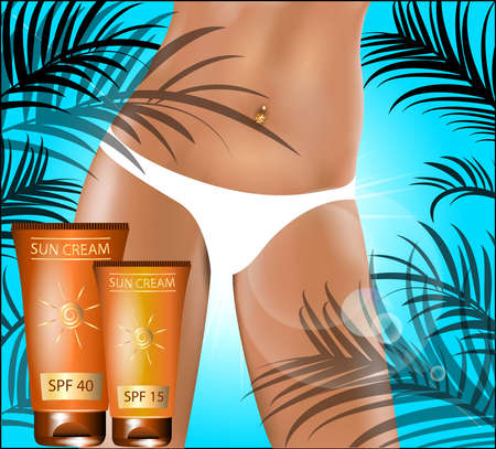 Sunscreen. Suntanned female hip. Vector illustration.のイラスト素材