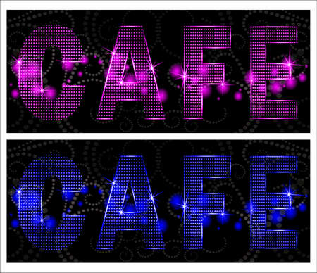 Shining neon word "Cafe". Halftona style. Vector illustration.のイラスト素材