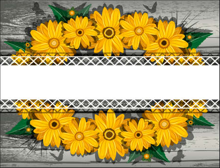Beautiful yellow flowers on the old wooden background. Vector illustration.のイラスト素材