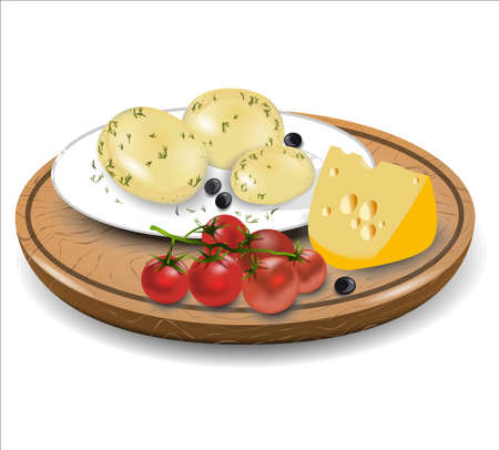 Boiled potato on a white plate, cheese and tomatoes. Vector illustration.のイラスト素材