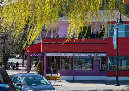 Harrison Hot Springs, BC, Canada-April 15,2021: The village of Harrison Hot Springs. Street view of the Harrison Vilage Mall. Travel photo, selective focus, touristic places.のeditorial素材