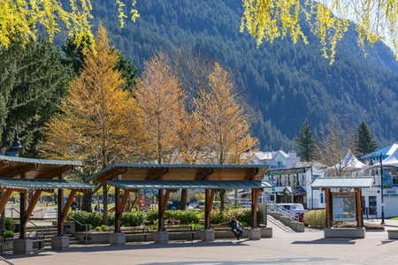 Harrison Hot Springs, BC, Canada-April 15,2021: The village of Harrison Hot Springs. Street view of the Harrison Vilage Park. Travel photo, selective focus, touristic places.のeditorial素材
