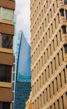 Abstract architecture of a modern buildings on a street of Vancouver BC. Street view, travel photo, selective focus, concept photo modern architecture, nobodyの写真素材