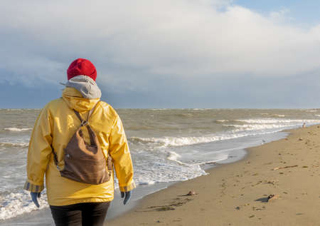 A woman traveler walks along the winter beach during windy weather. Rear view of a woman in beanie...
