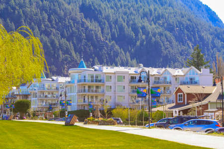 Harrison Hot Springs, BC, Canada-April 15,2021: The village of Harrison Hot Springs. Street view of the Harrison Vilage Park. Travel photo, selective focus, touristic places.のeditorial素材