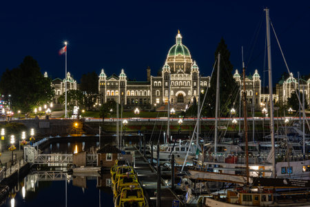 Photo for Beautiful inner harbor of Victoria night photo. Parliament legislature building with light illumination Victoria BC, Canada-July 21,2021. Street view, travel photo, long exposure photo, nobody - Royalty Free Image