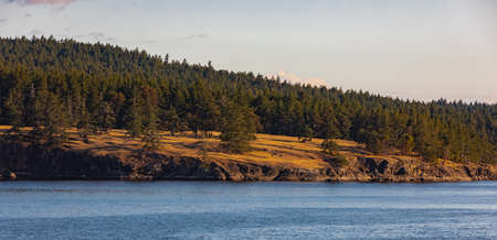 Strait of Georgia landscape between Victoria and Vancouver British Columbia Canada. Travel photo, nobody, selective focus.の写真素材