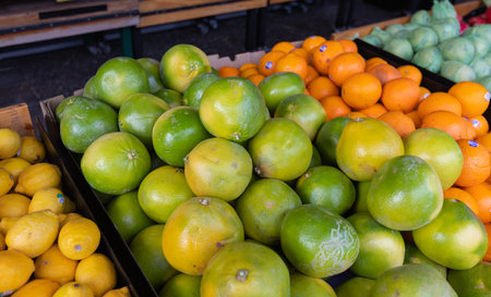 Fresh Fruit Market. Top view of the street market healthy colorful vegetables and fruits. Top view, street photo, selective focusの写真素材
