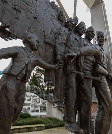 Historical monument Wait for me Daddy Sculpture at Hyack Square in New Westminster BC,...