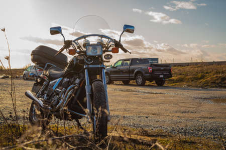 Motorcycle parked outdoor, Closeup of motorcycle in autumn sunny day-February 26,2021- Surrey BC,...
